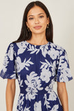 Yumi Navy Flower Stretch Mesh Midi Dress With Angel Sleeves
