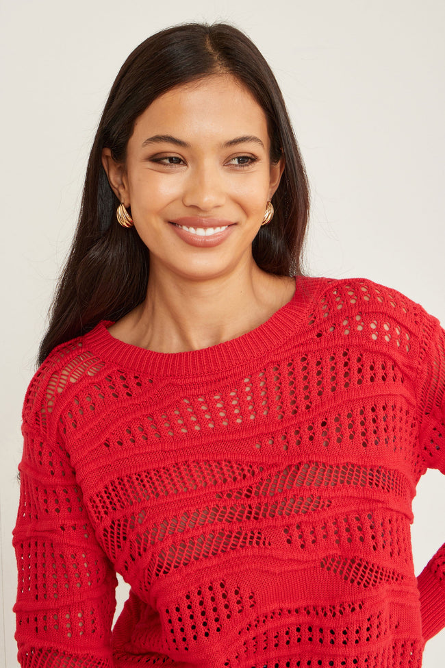 Yumi Red Wave Pointelle Knitted Jumper