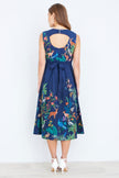 Yumi Navy Woodland Animal Print Cotton Midi Skater Dress