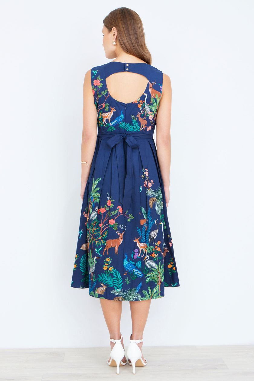 Yumi Navy Woodland Animal Print Cotton Midi Skater Dress