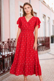 Yumi Red Broderie Anglaise Wrap Midi Dress With Flower Embroidery