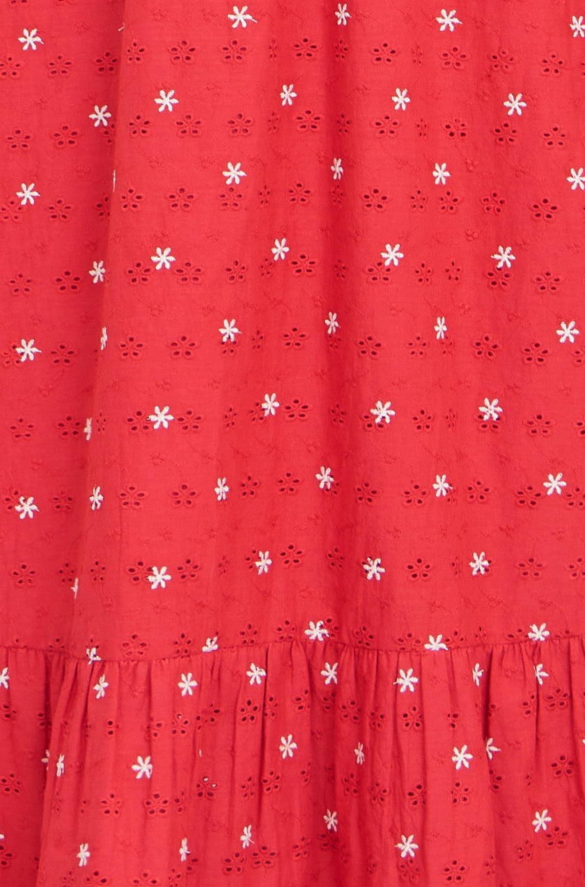 Yumi Red Broderie Anglaise Wrap Midi Dress With Flower Embroidery