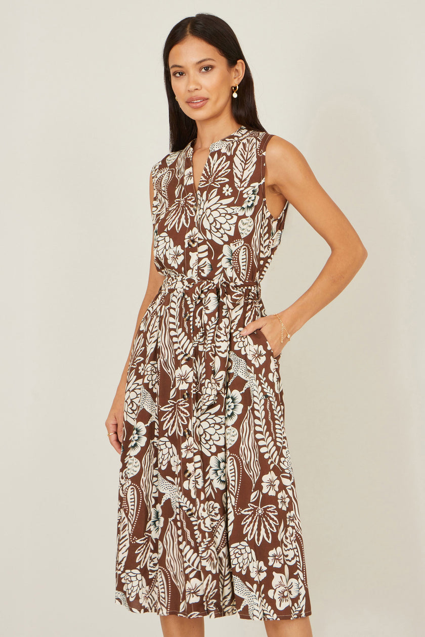 Yumi Brown Leaf Print Shirt Dress