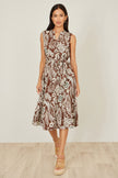Yumi Brown Leaf Print Shirt Dress