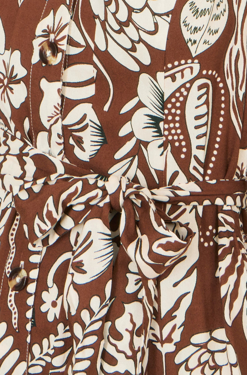 Yumi Brown Leaf Print Shirt Dress