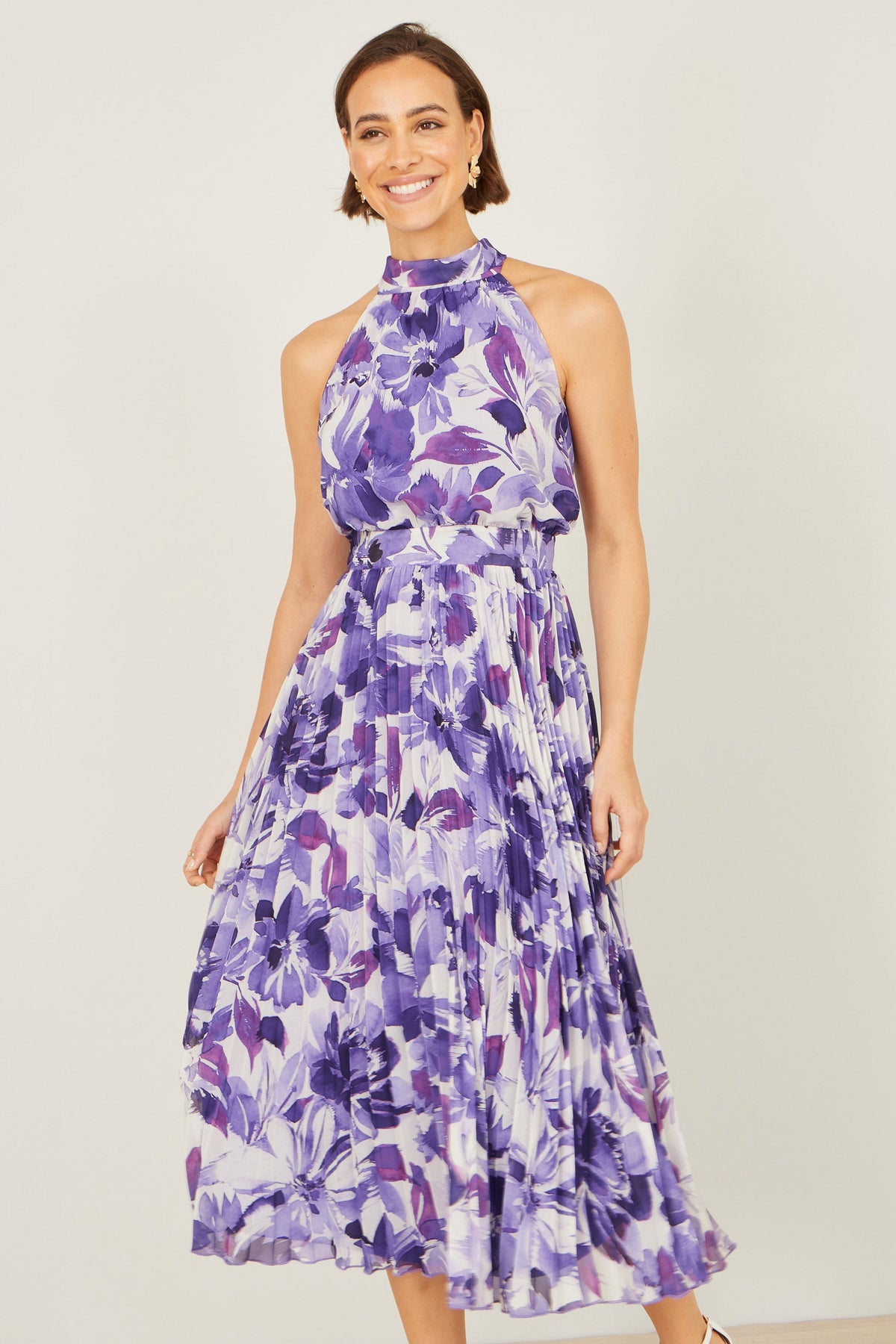 Yumi Purple Abstract Floral Halter Neck Pleated Midi Dress