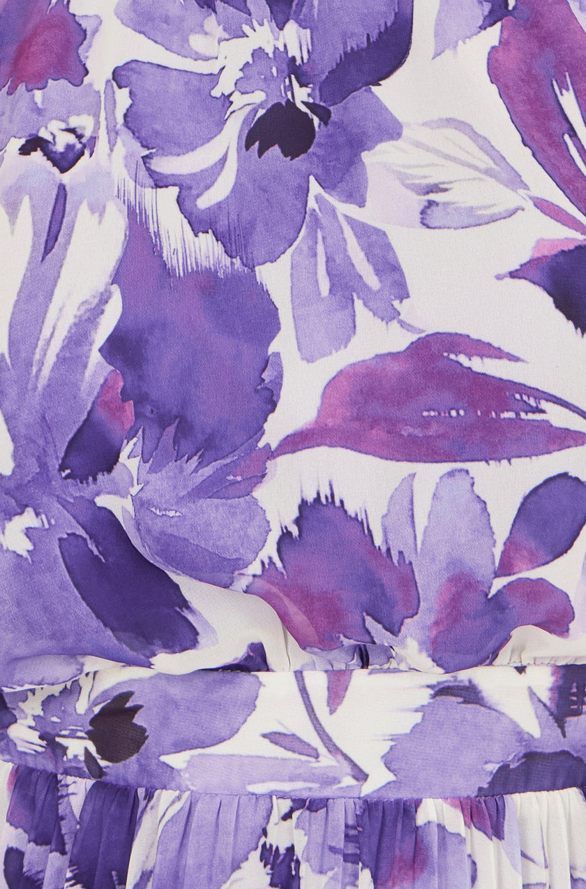 Yumi Purple Abstract Floral Halter Neck Pleated Midi Dress