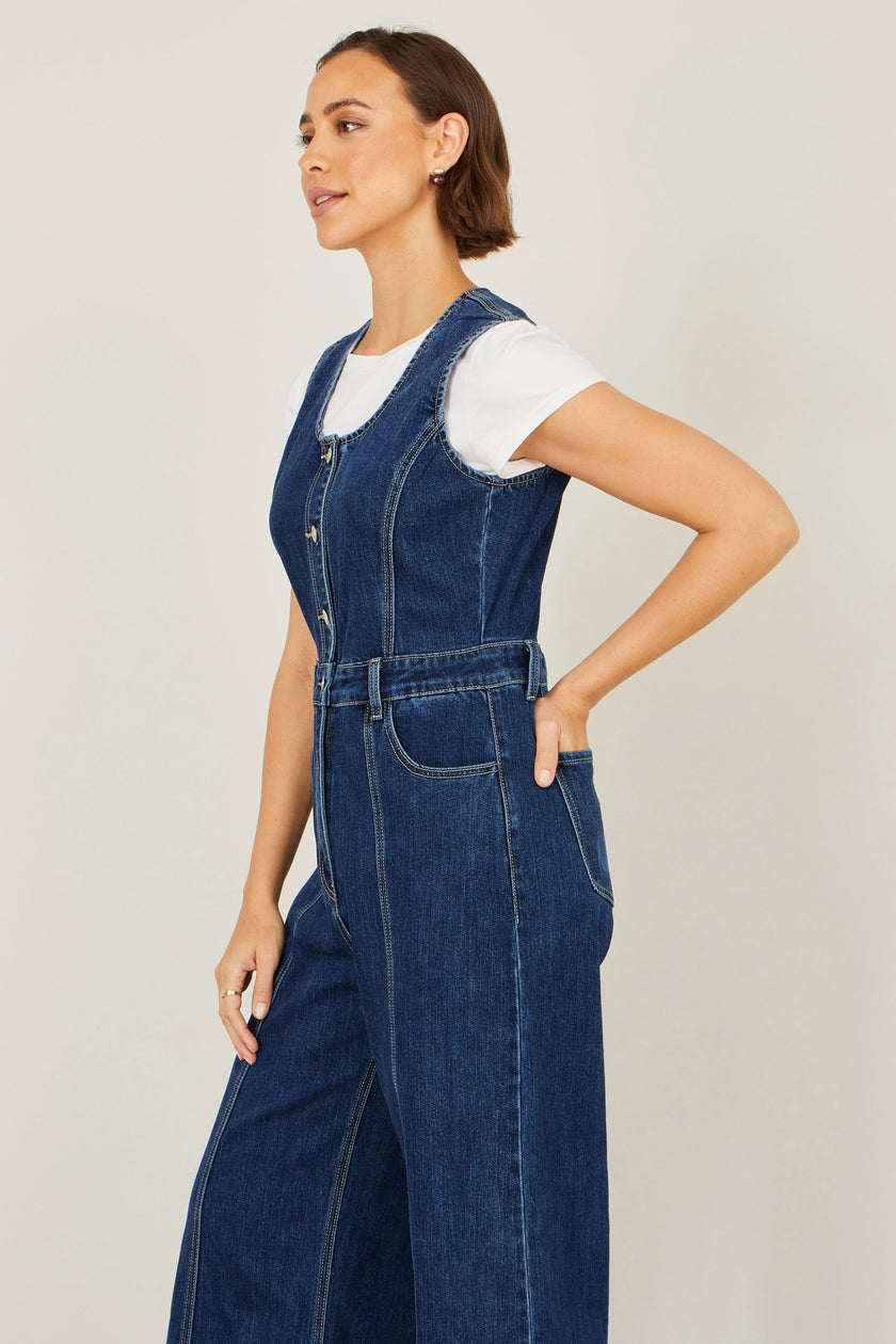 Yumi Blue Denim Stretch Fitted Jumpsuit