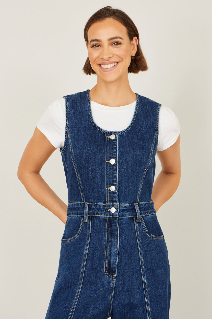 Yumi Blue Denim Stretch Fitted Jumpsuit