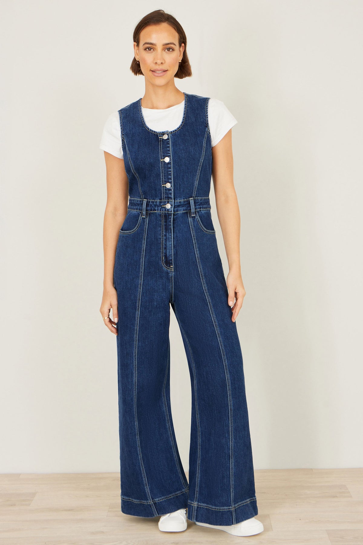 Yumi Blue Denim Stretch Fitted Jumpsuit