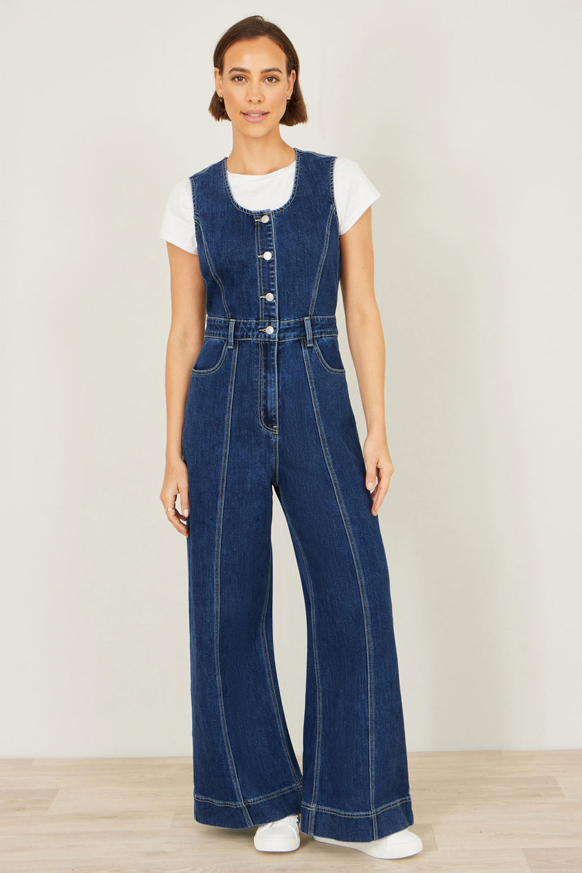 Yumi Blue Denim Stretch Fitted Jumpsuit