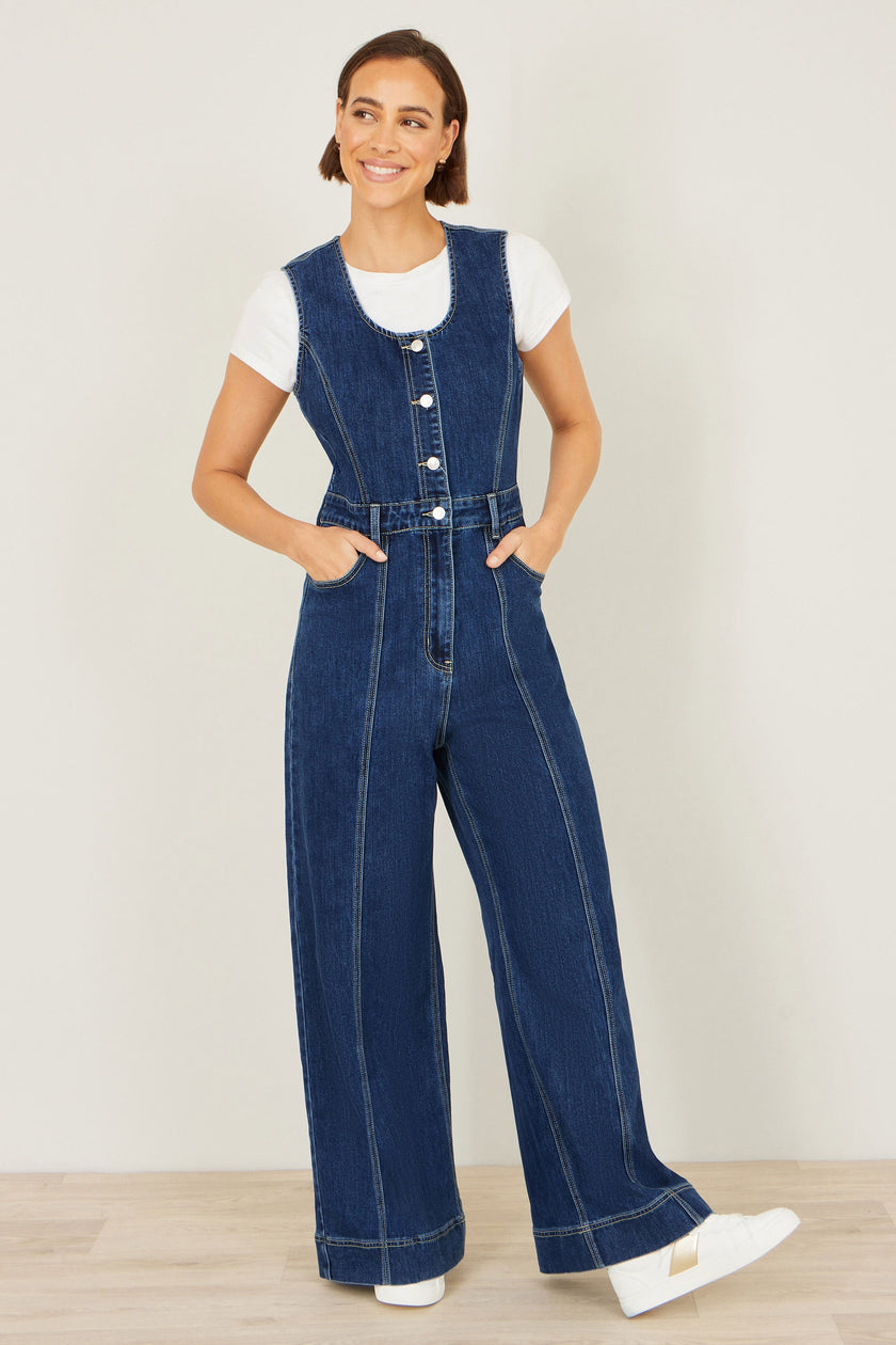 Yumi Blue Denim Stretch Fitted Jumpsuit