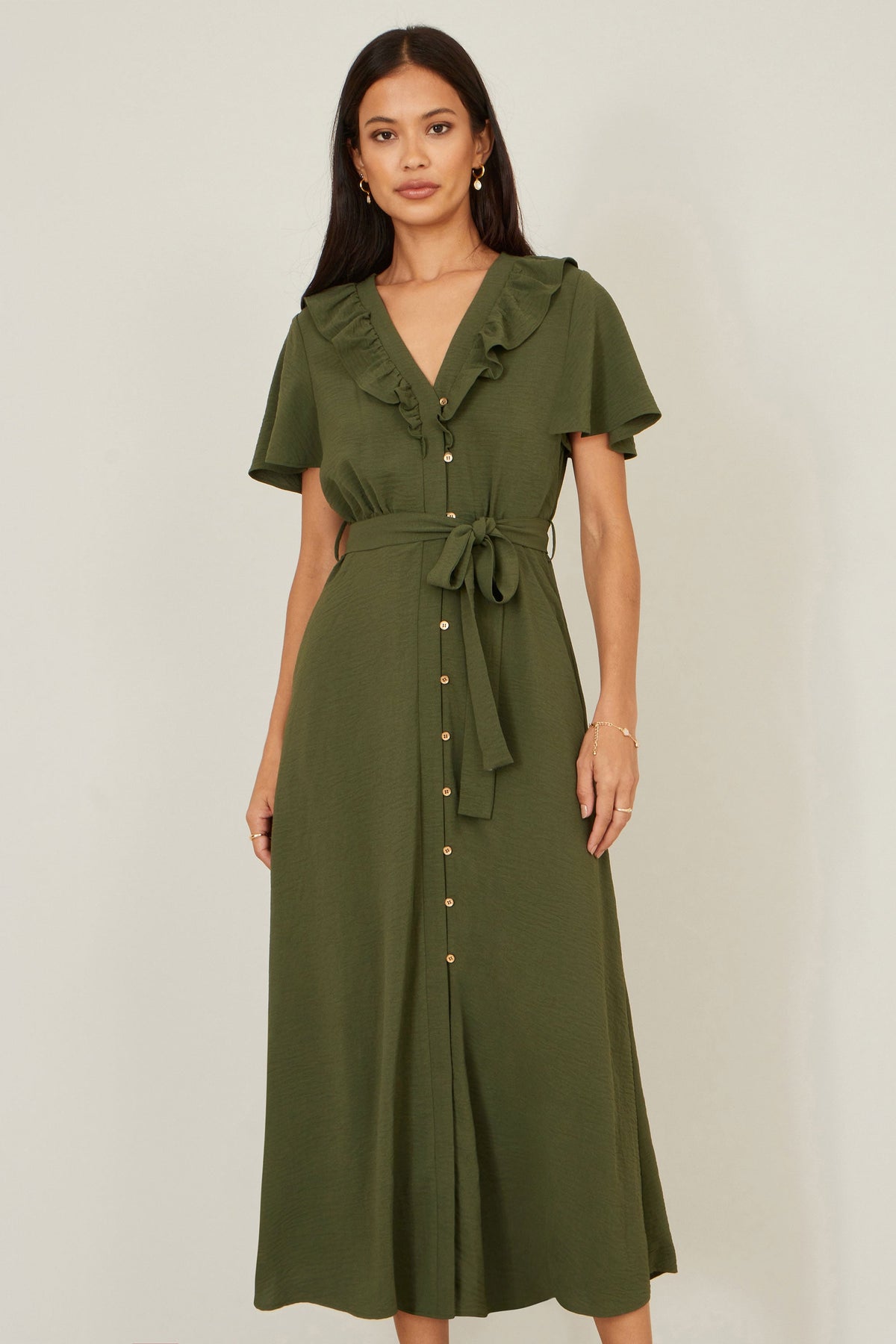 Yumi Green Ruffle Collar Midi Shirt Dress