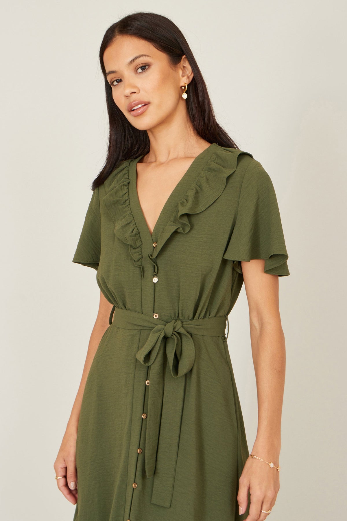 Yumi Green Ruffle Collar Midi Shirt Dress