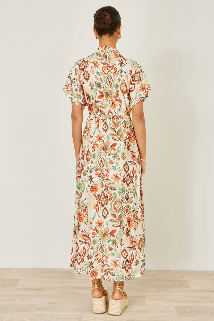 Yumi Ivory Viscose Relaxed Boho Print Maxi Shirt Dress