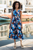 Yumi Blue Cotton Floral Abstract Dropped Waist Midi Dress