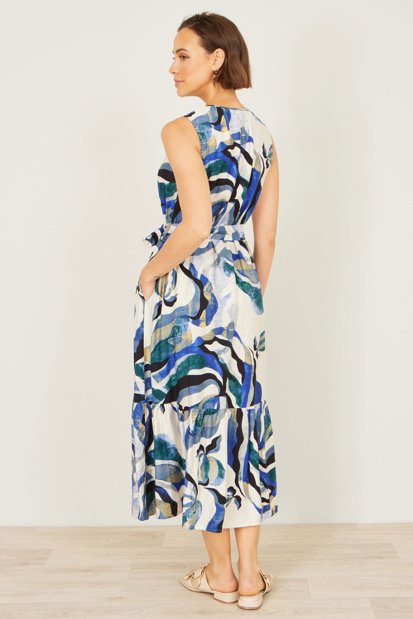 Yumi Blue Viscose Swirl Print Midi Dress