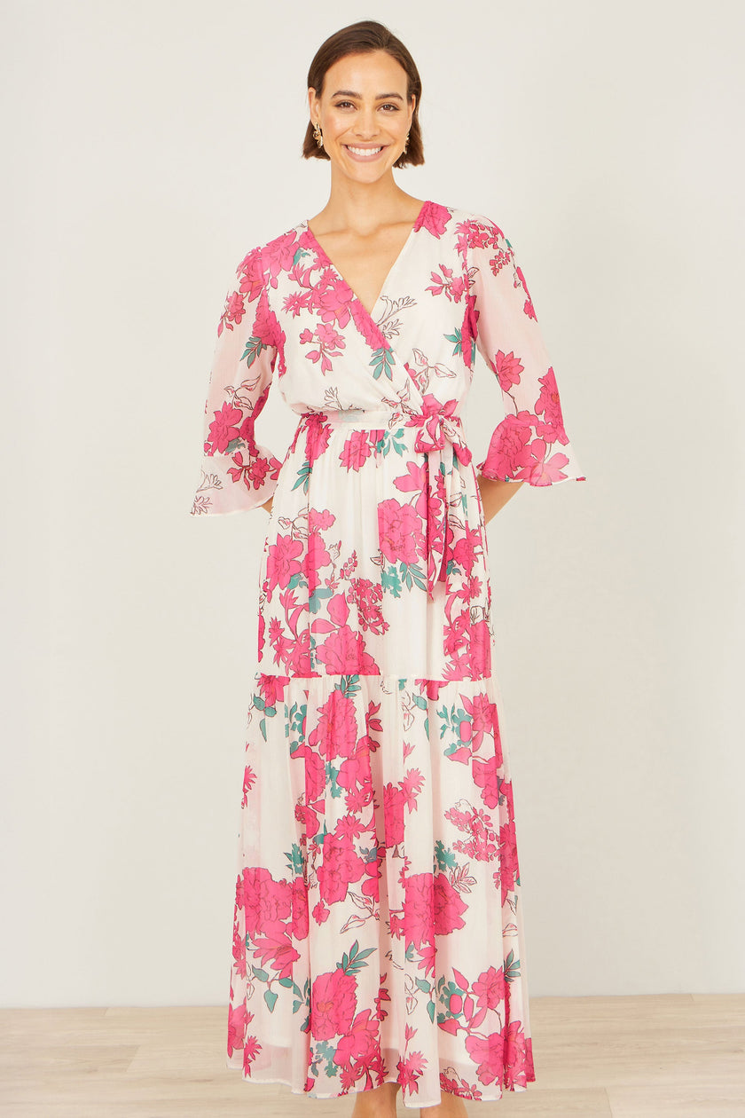 Yumi Pink Blossom Print Maxi Wrap Dress