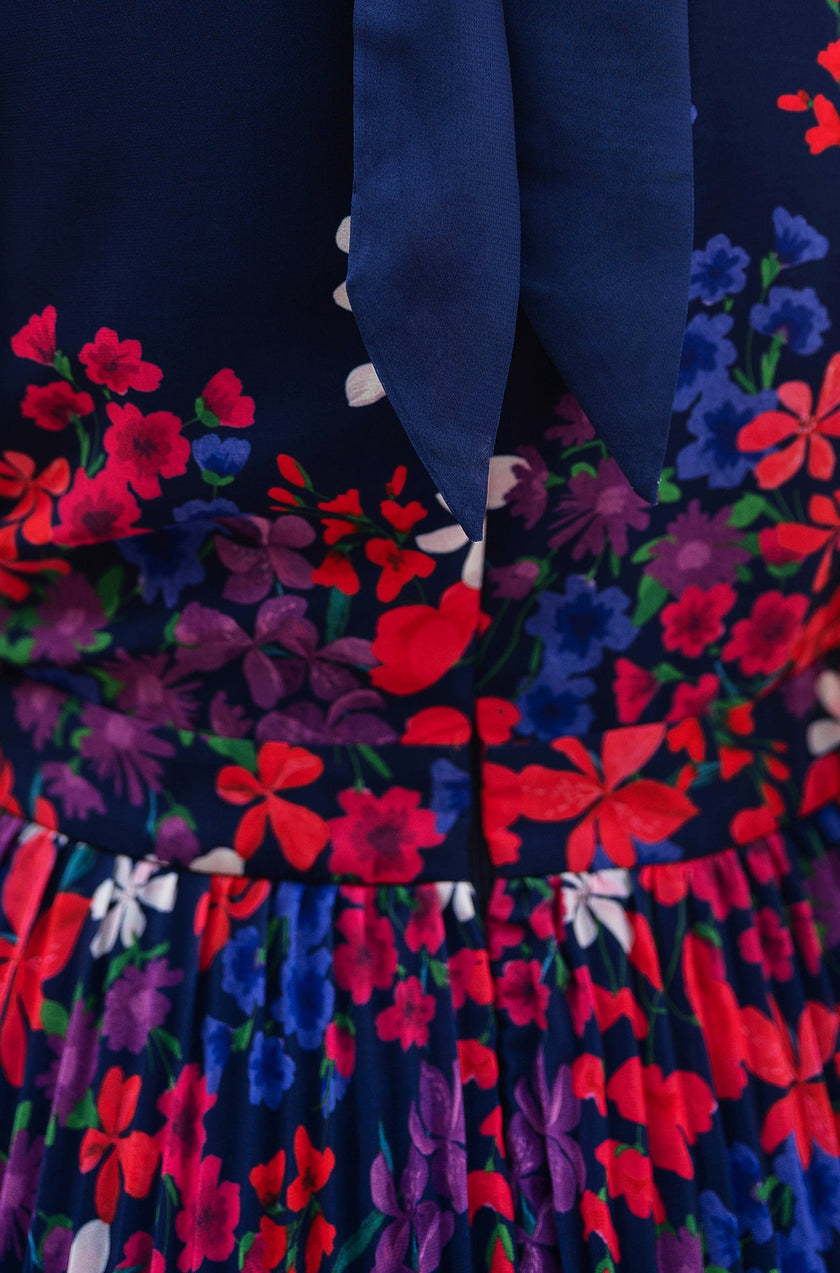 Yumi Navy Border Floral Print Midi Dress With Pleats