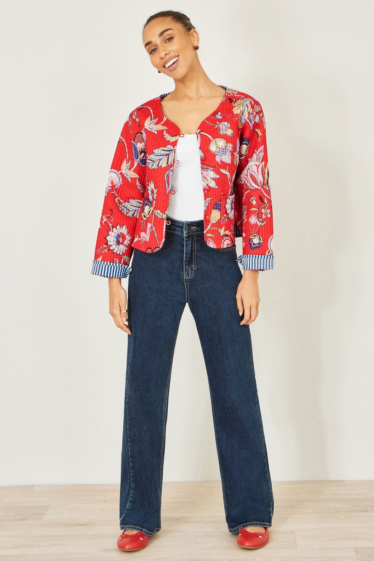 Yumi Red Boho Print Cotton Reversible Quilted Jacket