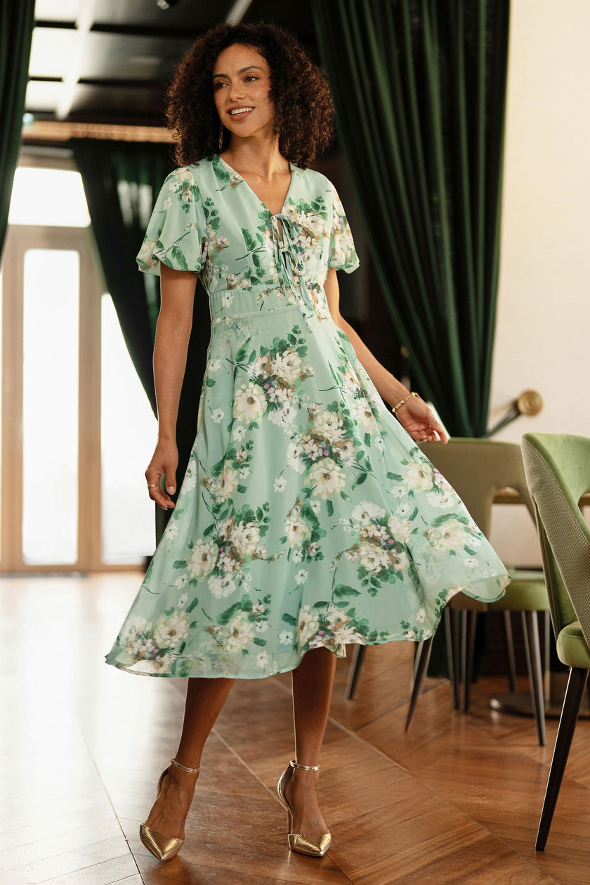 Yumi Mint Floral Tea Dress With Front Ties