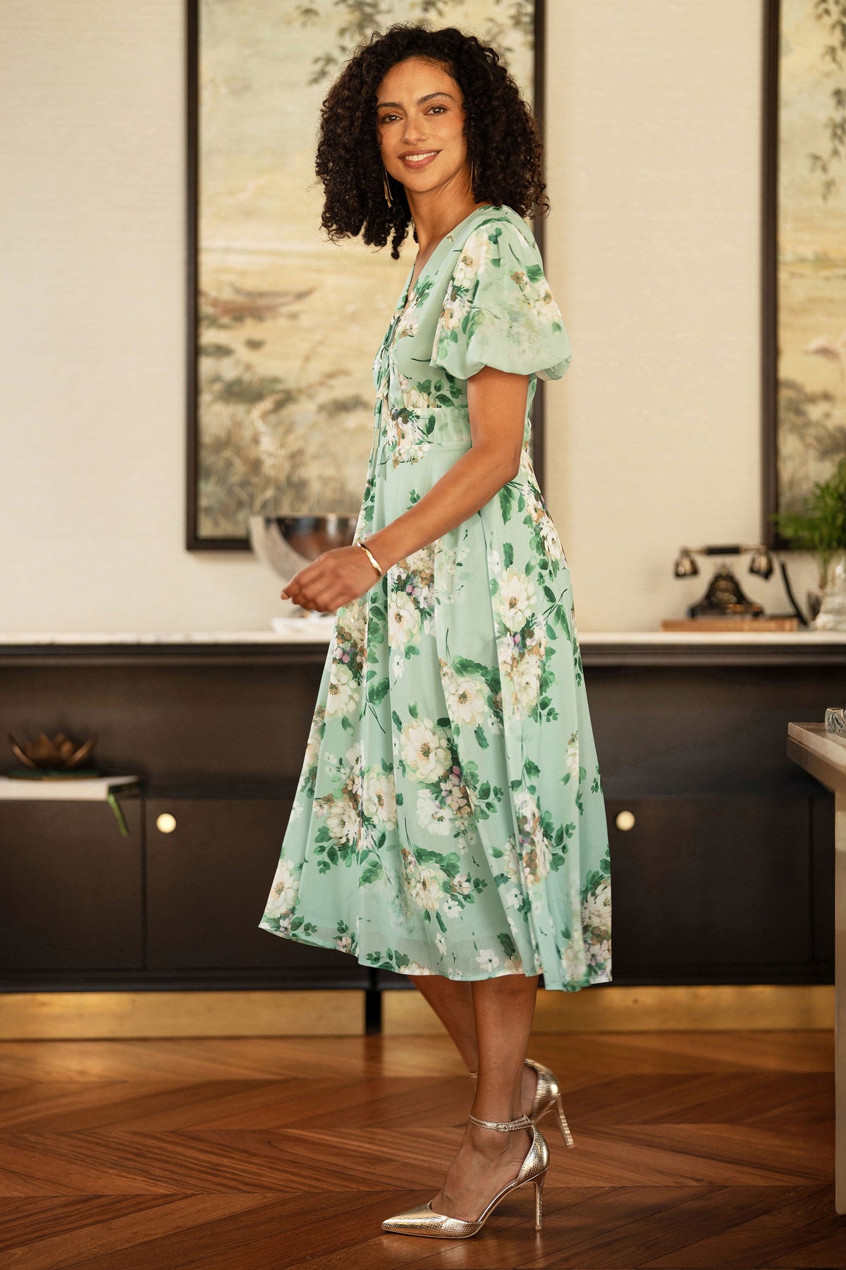 Yumi Mint Floral Tea Dress With Front Ties