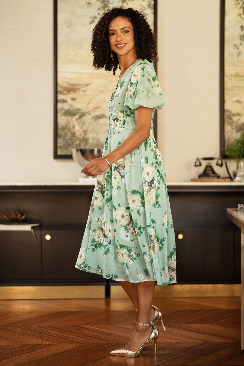 Yumi Mint Floral Tea Dress With Front Ties