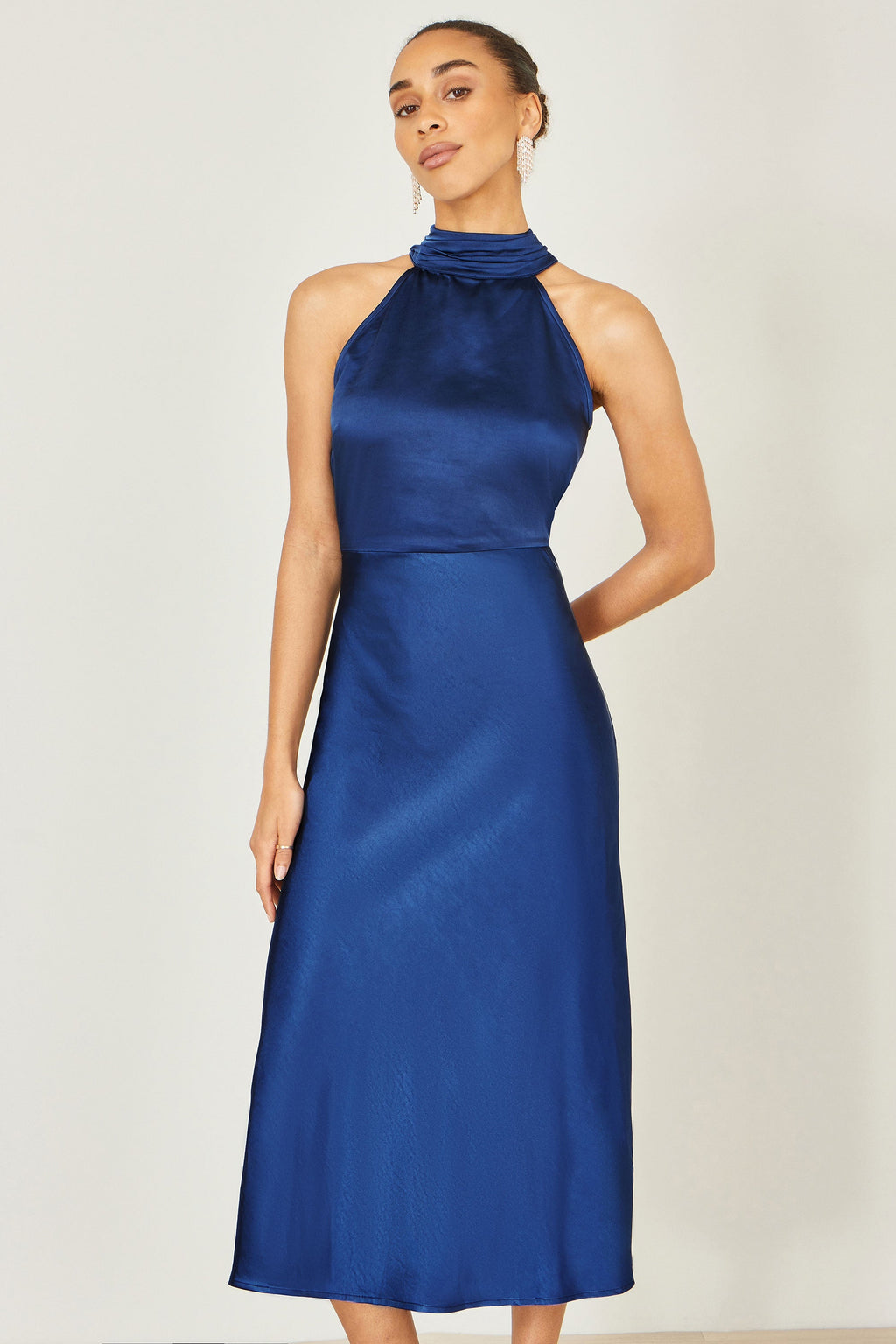 Yumi Navy Satin Halter Neck Midi Dress