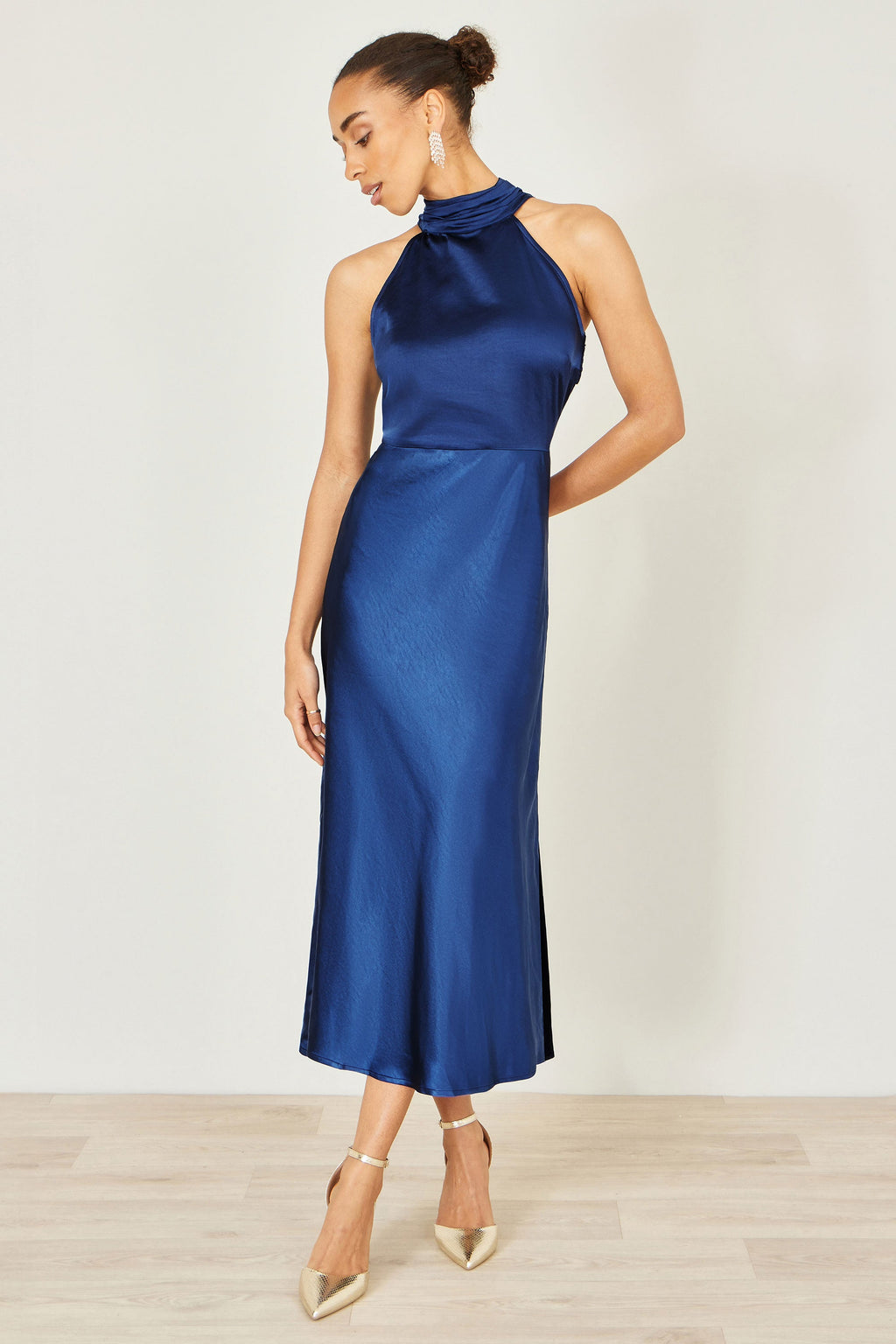 Yumi Navy Satin Halter Neck Midi Dress