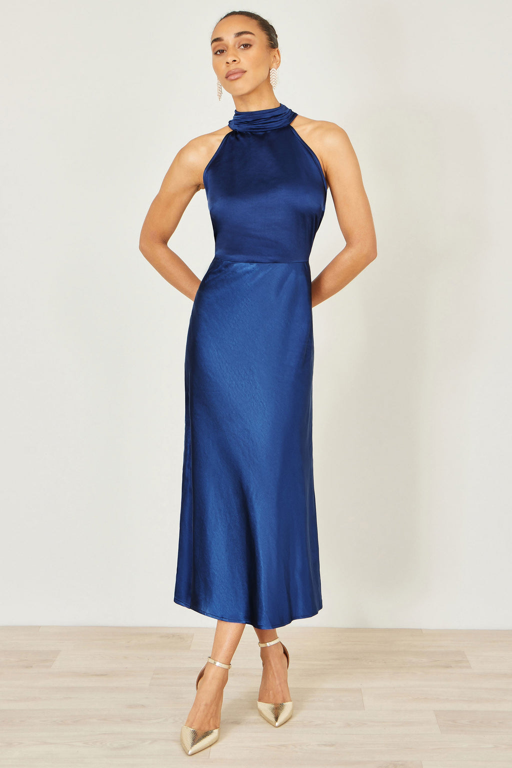 Yumi Navy Satin Halter Neck Midi Dress
