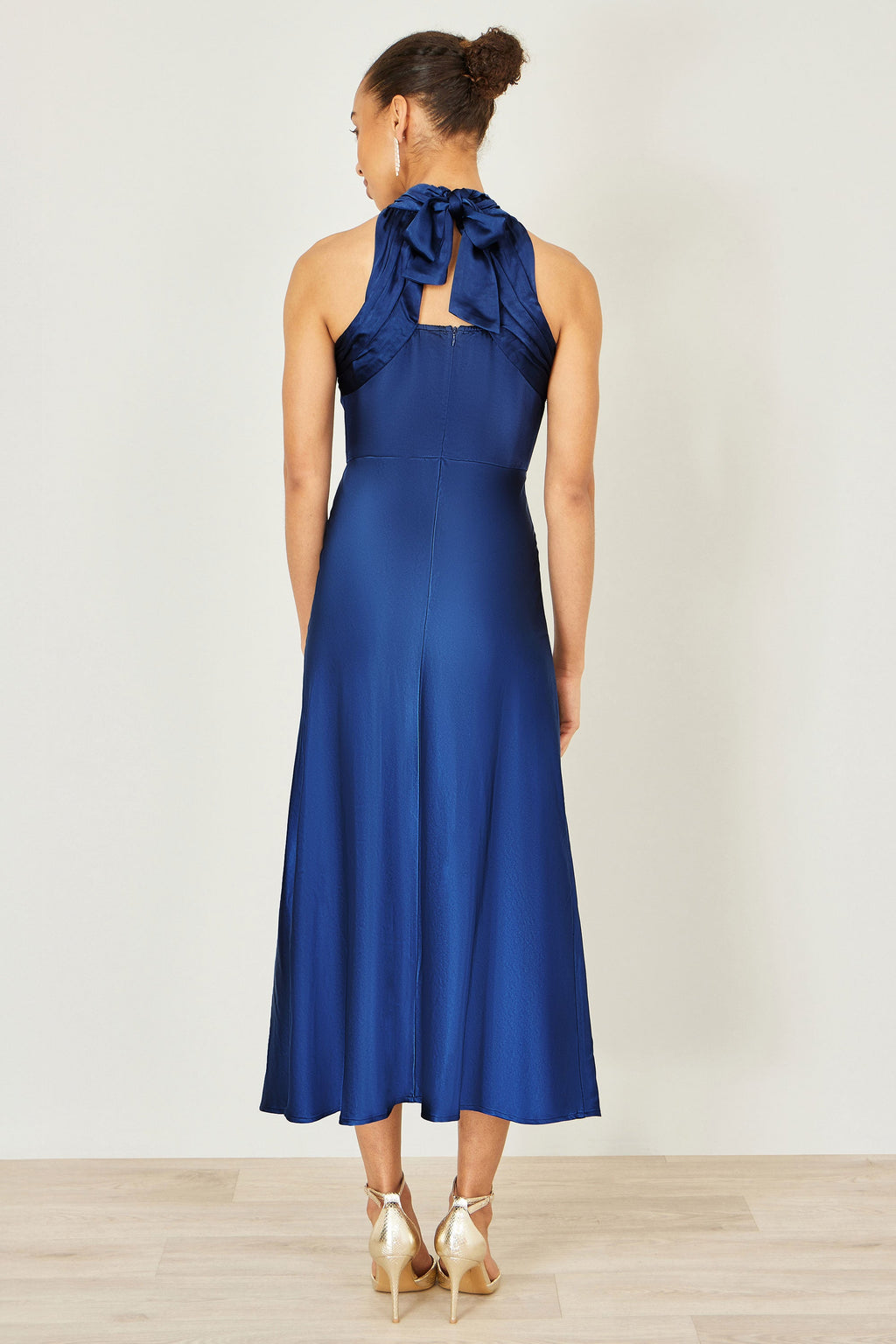 Yumi Navy Satin Halter Neck Midi Dress