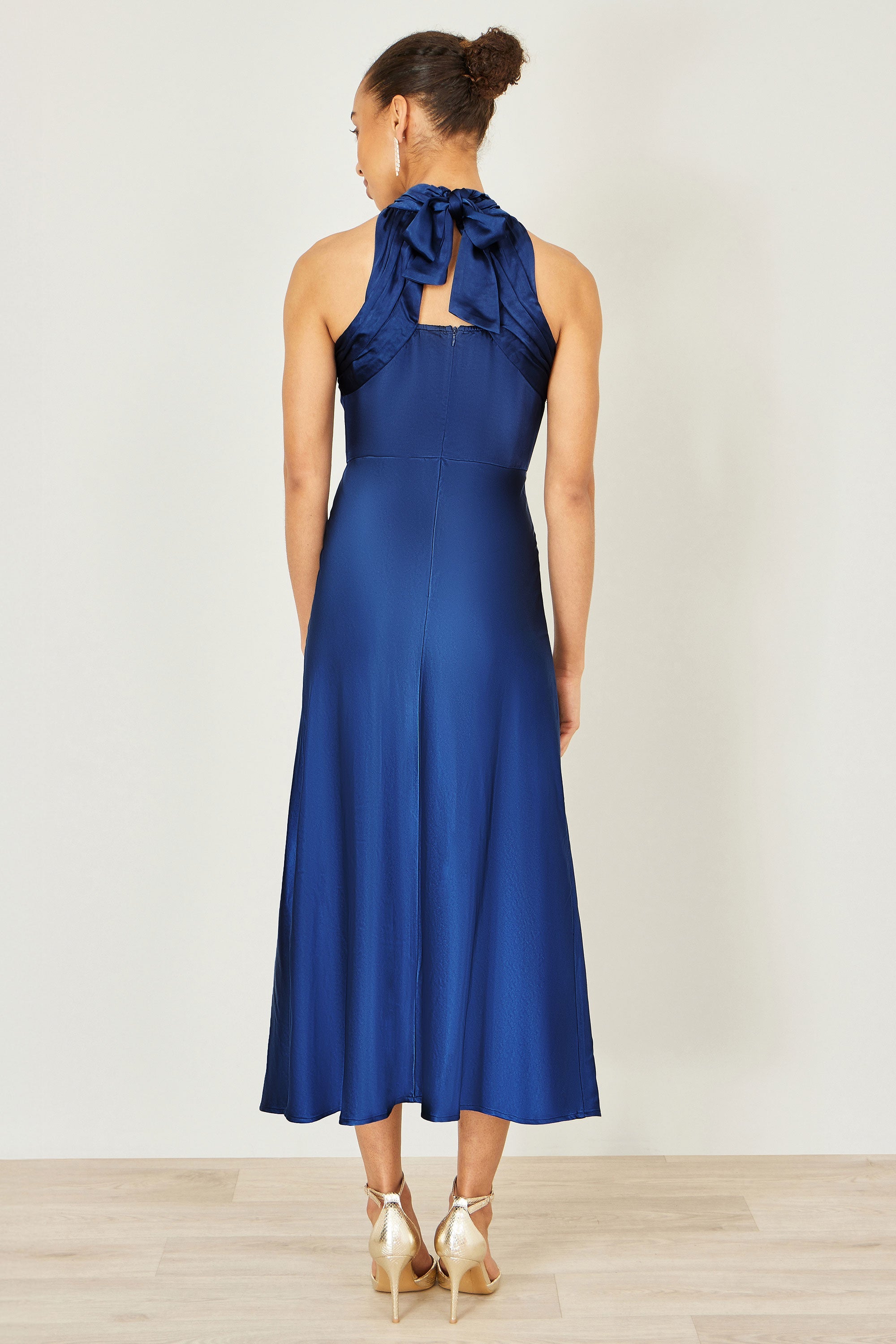 Yumi Navy Satin Halter Neck Midi Dress