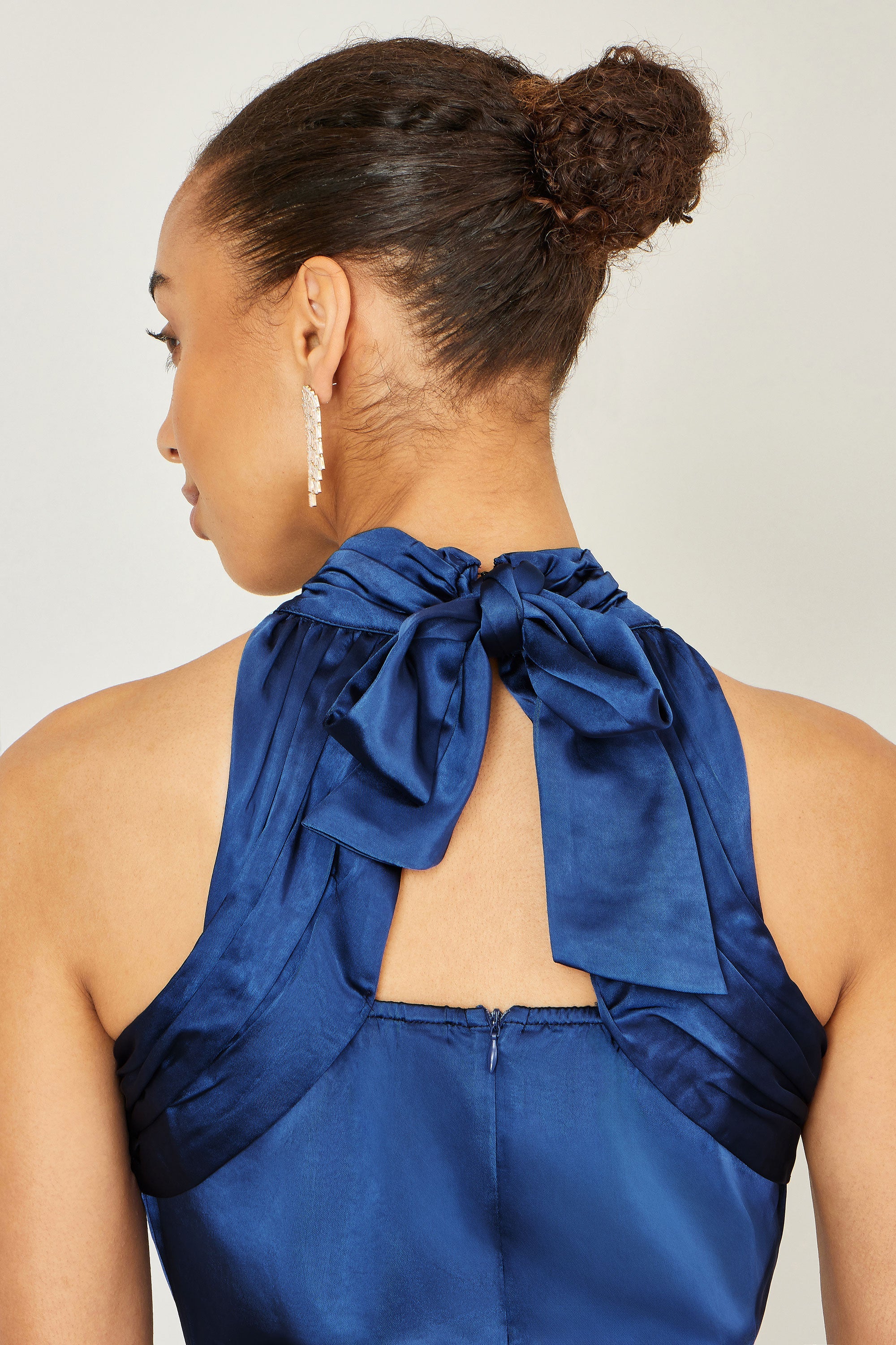 Yumi Navy Satin Halter Neck Midi Dress
