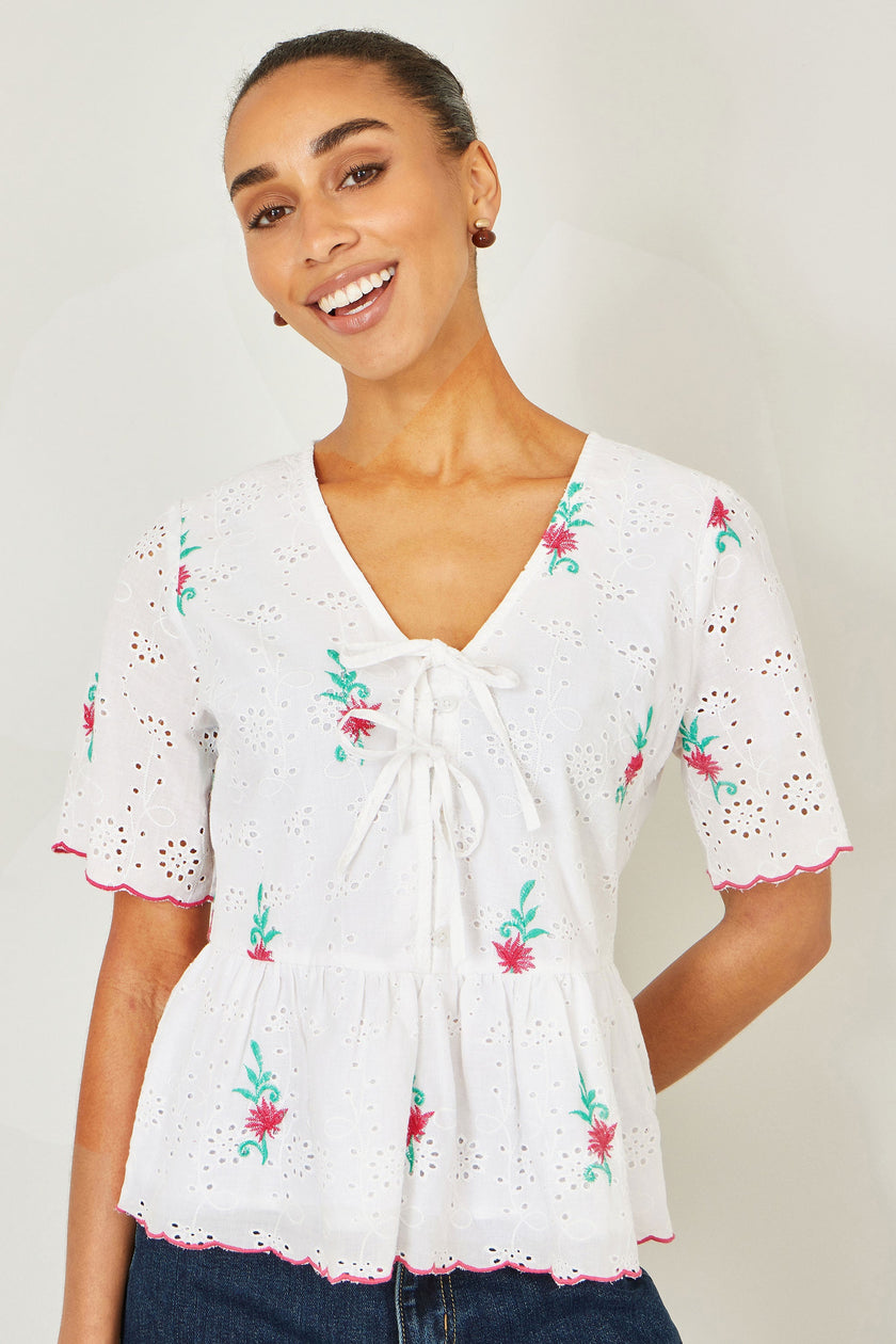 Yumi White Cotton Broderie Anglaise Embroidered Tie Top