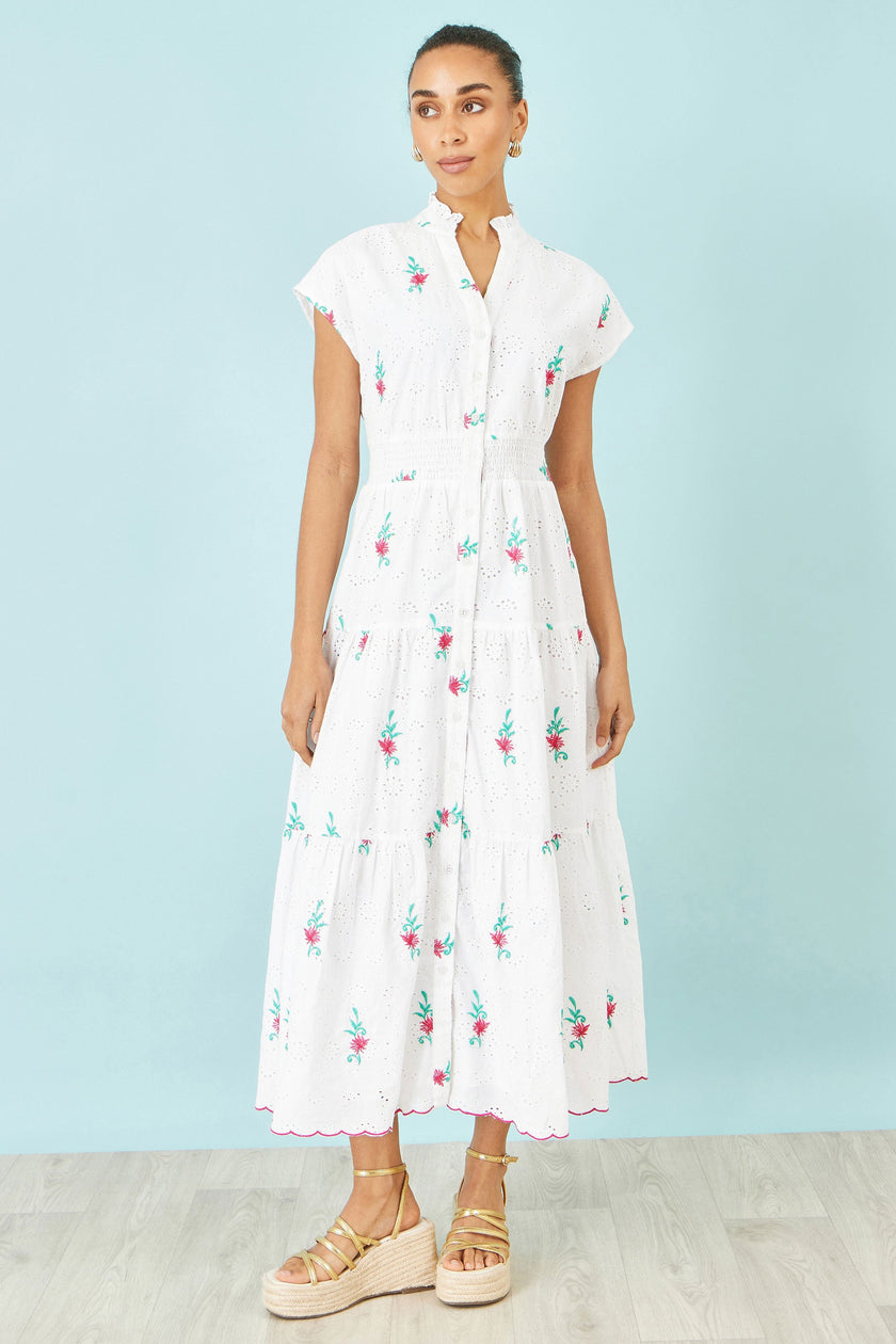 Yumi White Cotton Broderie Anglaise Embroidered Midi Dress