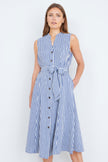 Yumi Navy Stripe Midi Sleeveless Shirt Dress