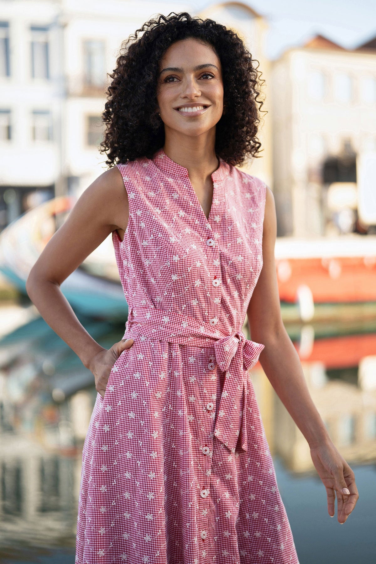 Yumi Red Broderie Anglaise Embroidered Sleeveless Shirt Dress