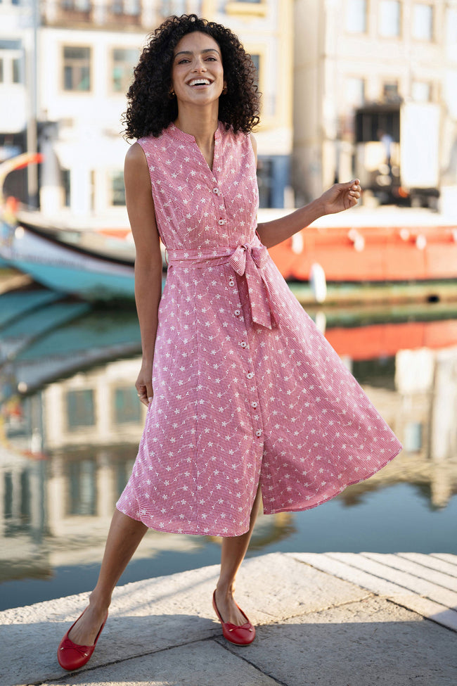 Yumi Red Broderie Anglaise Embroidered Sleeveless Shirt Dress