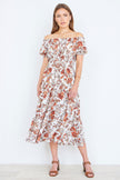 Yumi Orange Floral Ruched Waist Midi Dress