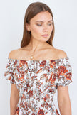 Yumi Orange Floral Ruched Waist Midi Dress