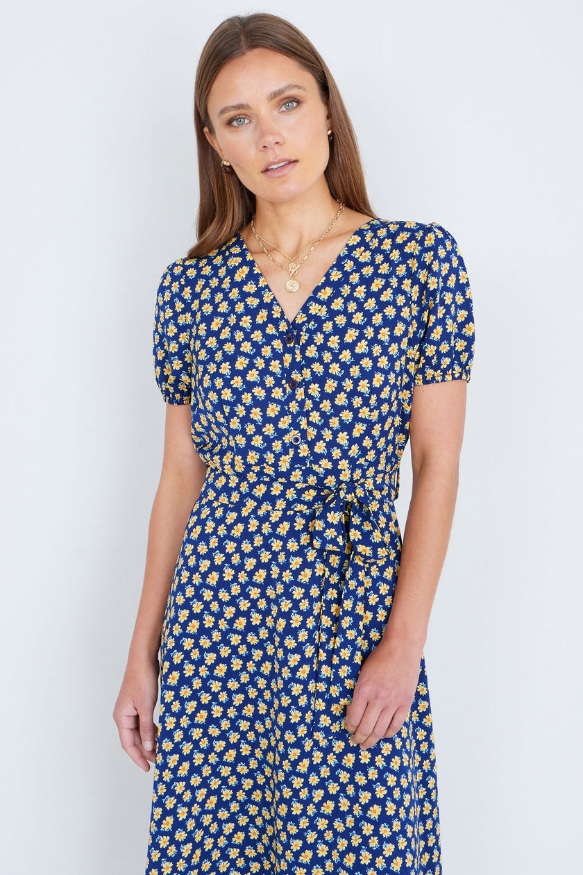 Yumi Navy Floral Midi Shirt Dress