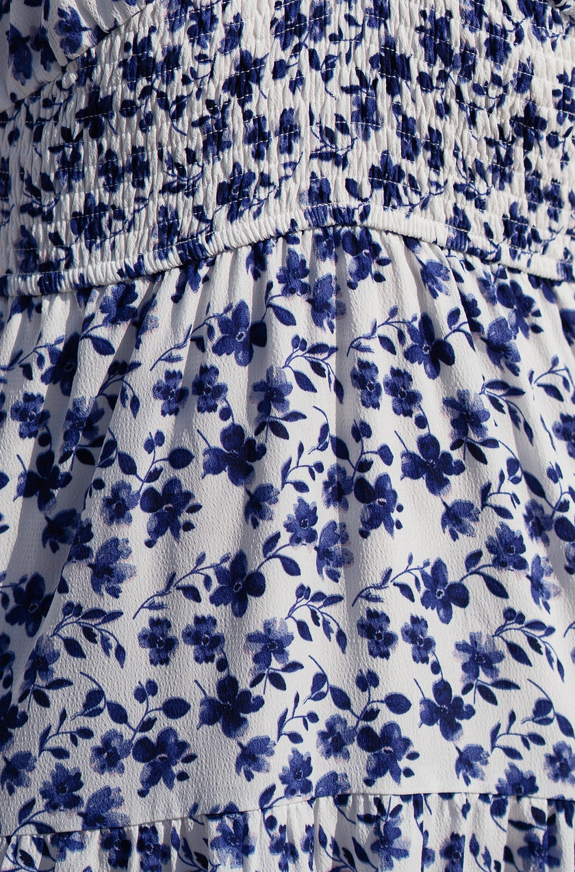 Yumi Blue Floral Ruched Waist Midi Dress With Angel Sleeves