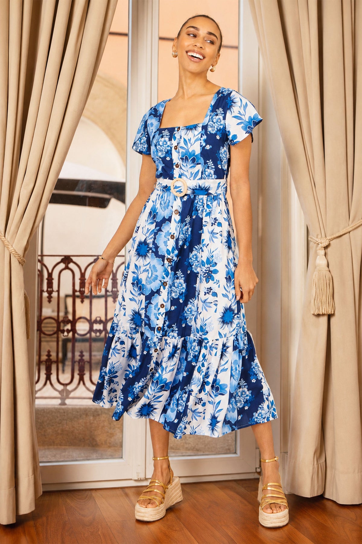 Yumi Blue Floral Viscose Midi Shirt Dress With Matching Belt
