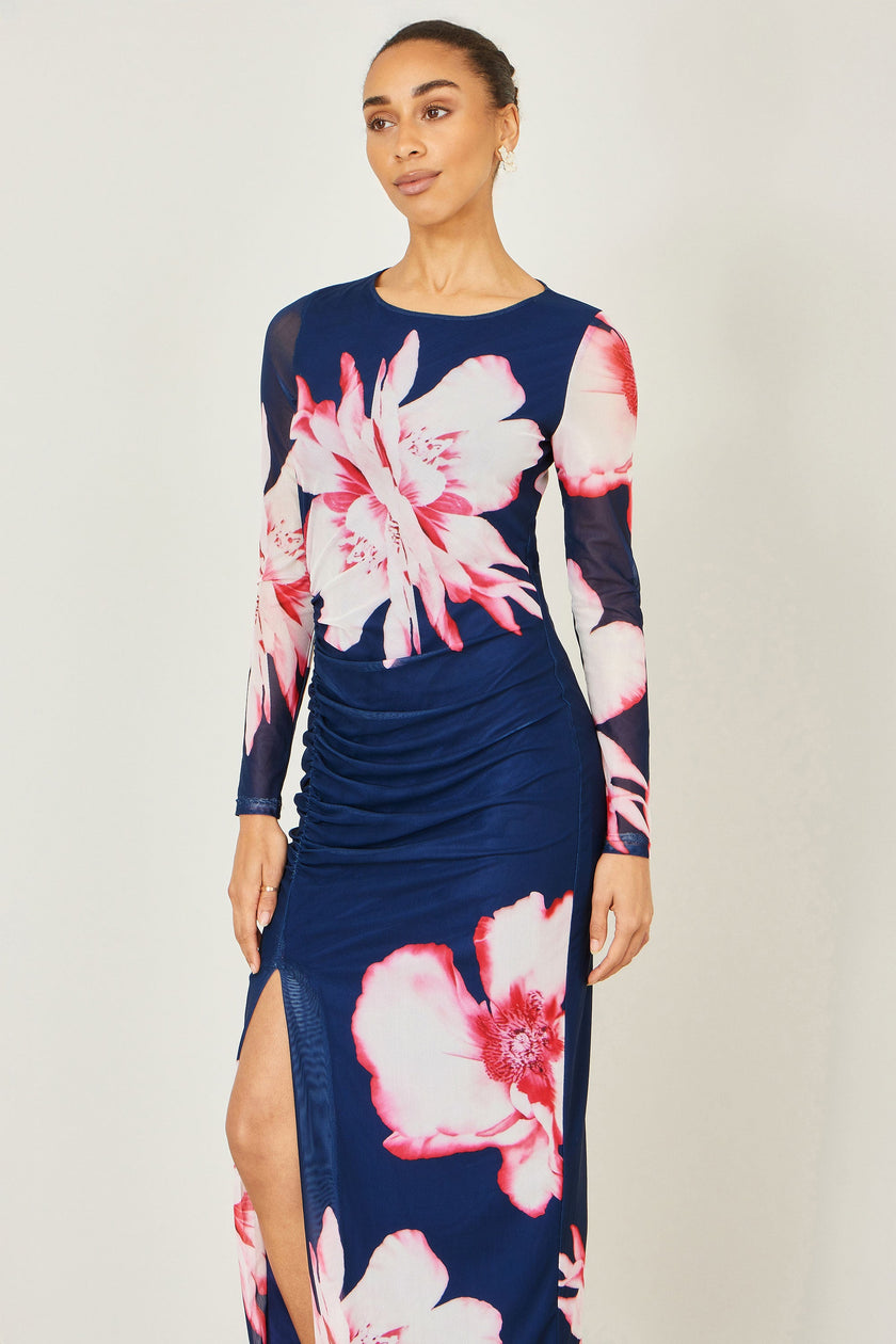 Yumi Navy Floral Placement Floral Long Sleeve Mesh Maxi Dress