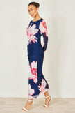 Yumi Navy Floral Placement Floral Long Sleeve Mesh Maxi Dress