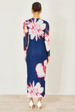 Yumi Navy Floral Placement Floral Long Sleeve Mesh Maxi Dress