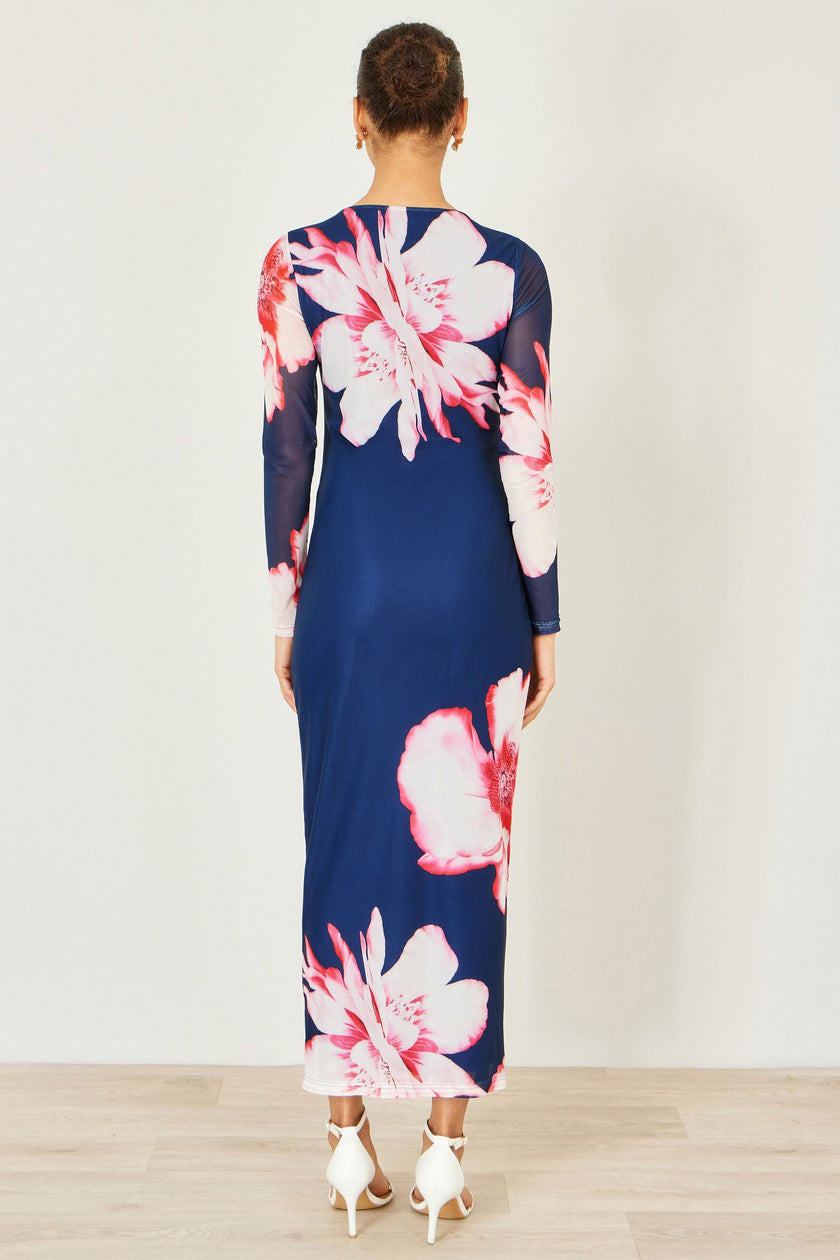 Yumi Navy Floral Placement Floral Long Sleeve Mesh Maxi Dress