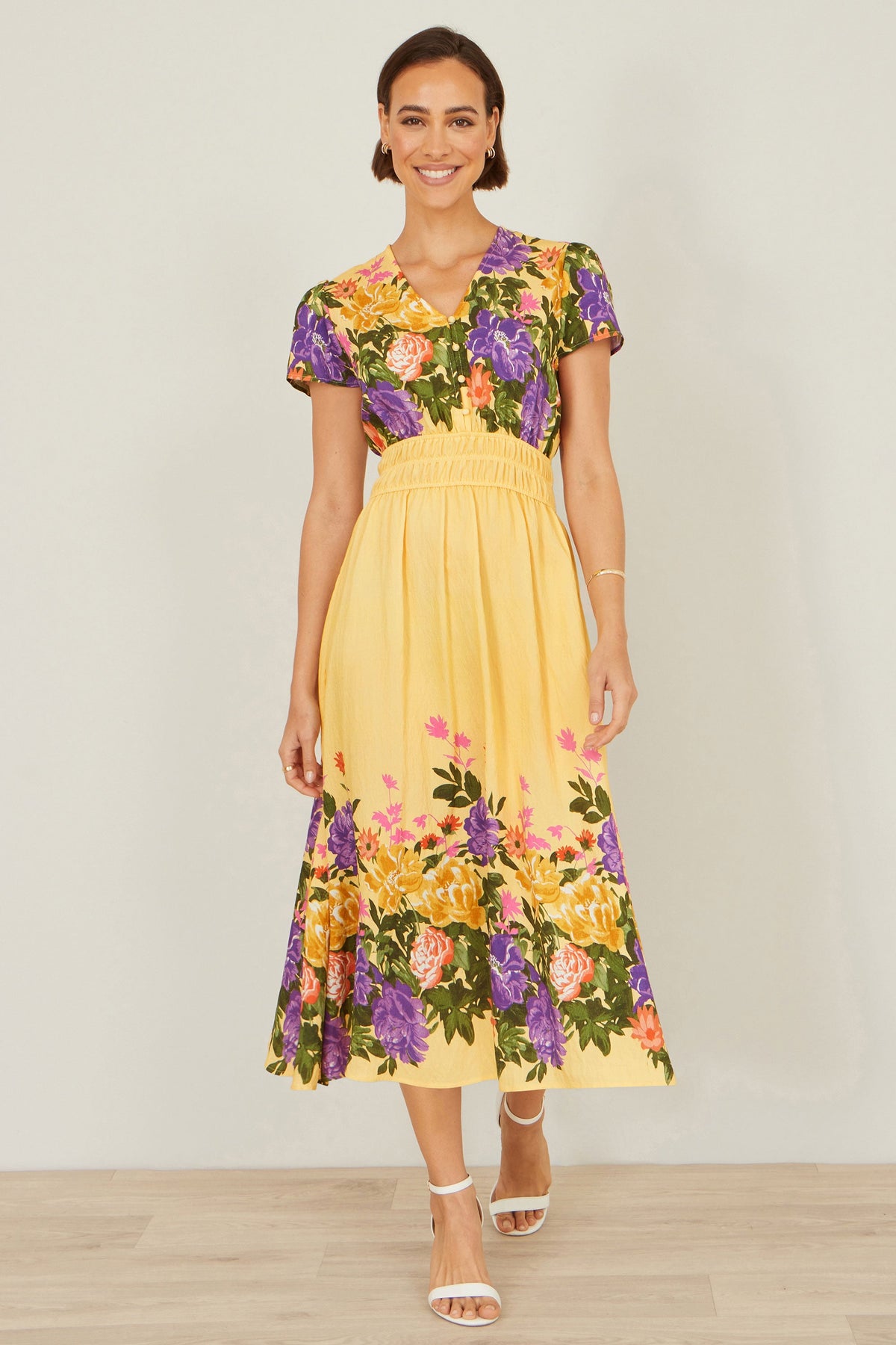 Yumi Butter Yellow Floral Mirror Print Viscose Midi Dress