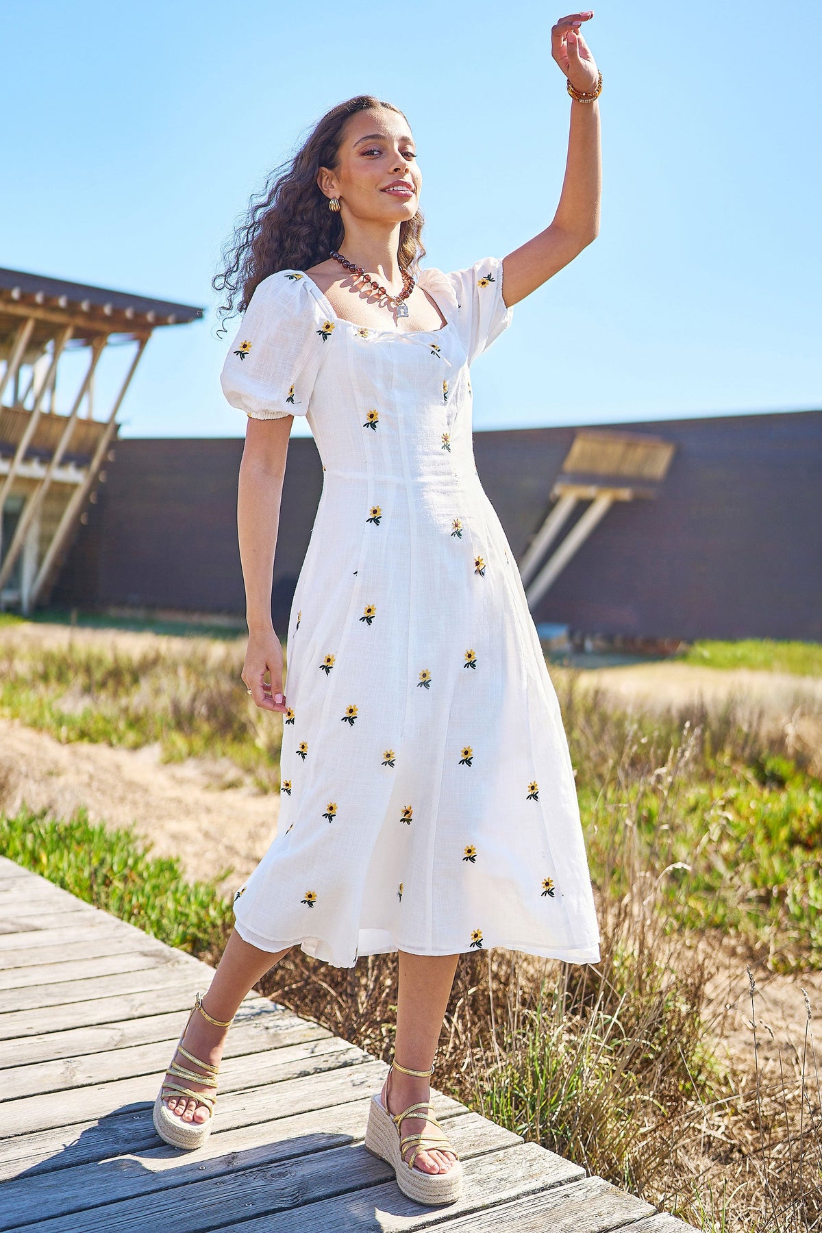 Yumi White Cotton Sunflower Embroidered Midi Dress