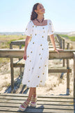Yumi White Cotton Sunflower Embroidered Midi Dress